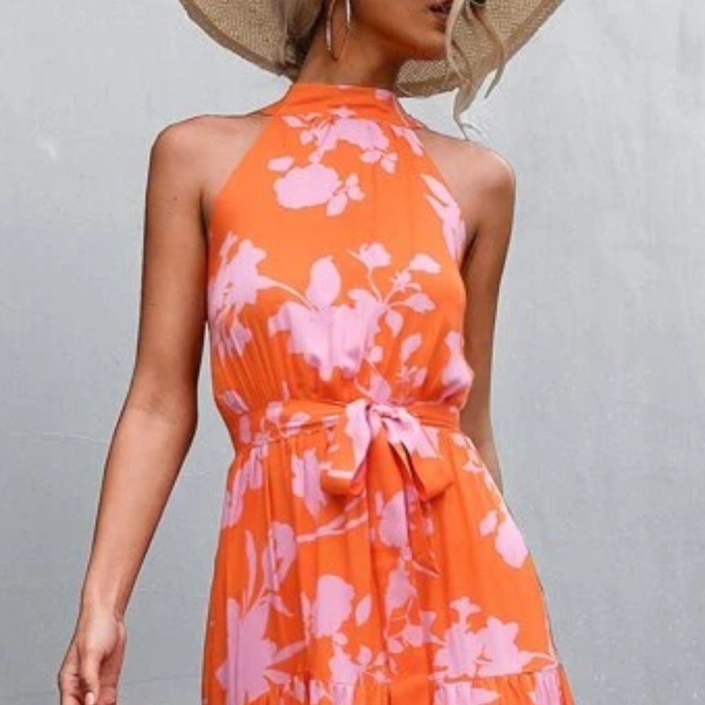 boho floral print belted halter maxi dress - Picture 3 of 13